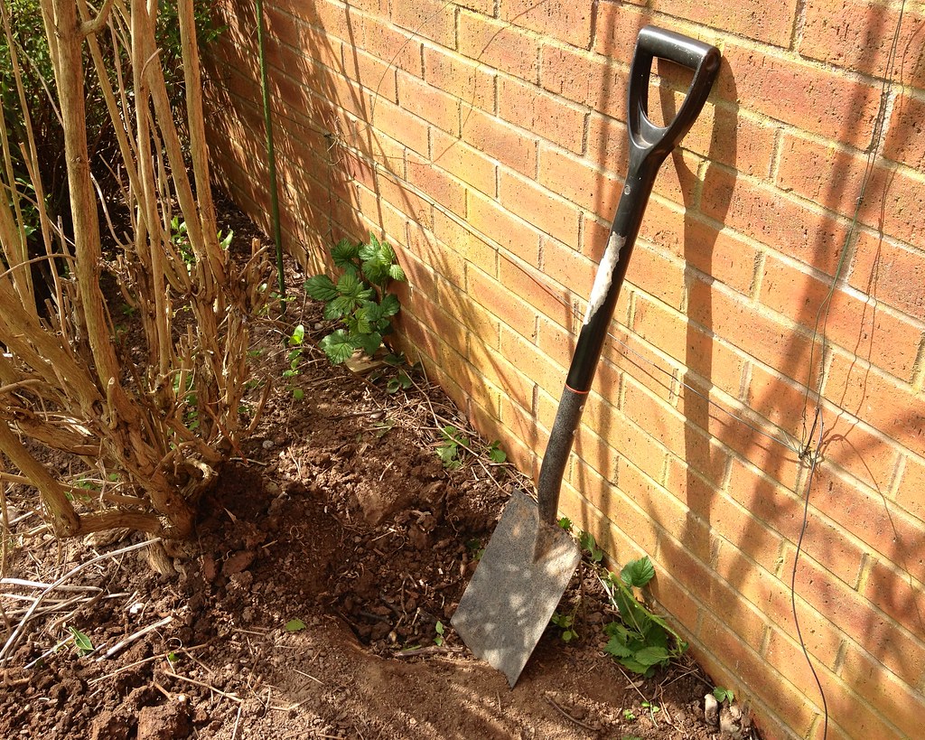 Garden spade leaning against a wall