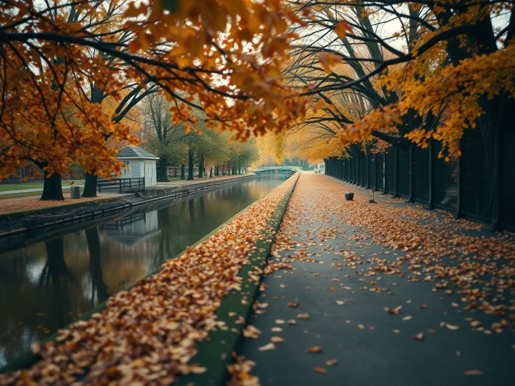 A canal in Autumn, overhung by trees shedding their leaves.