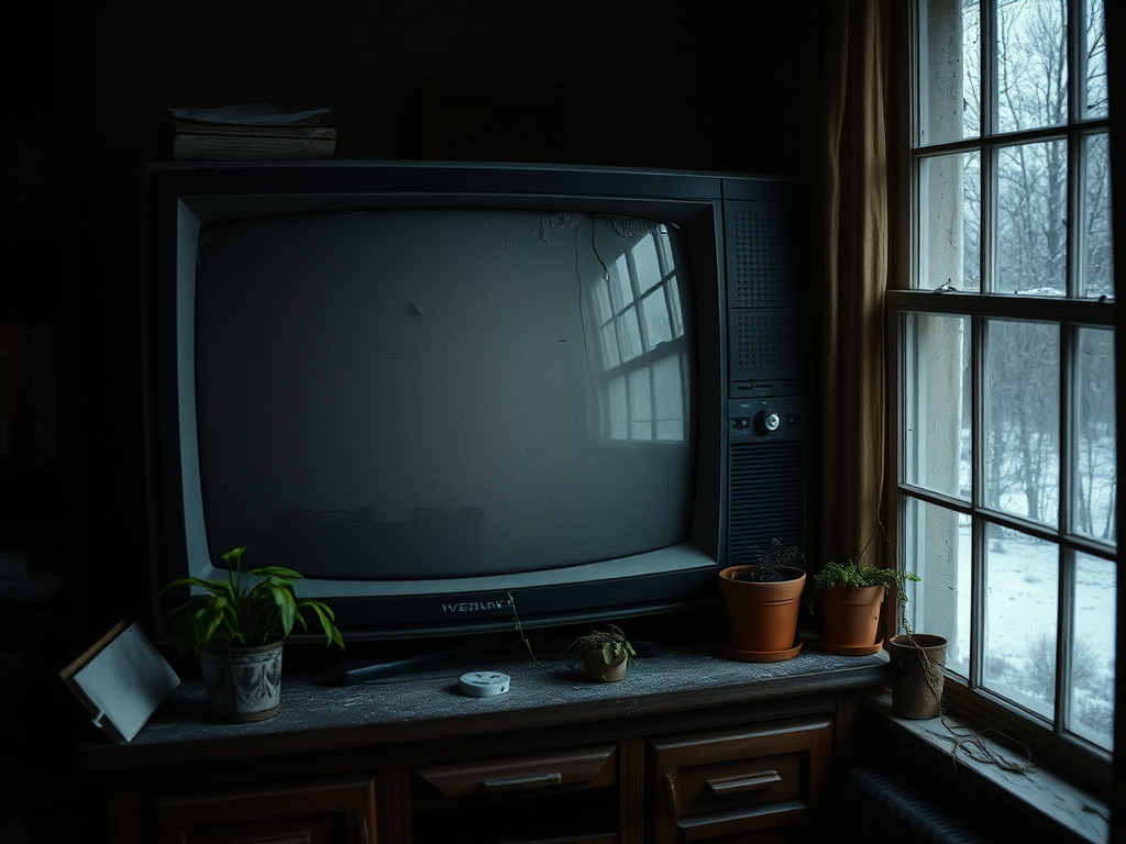 Dusty television surrounded by dying pot plants