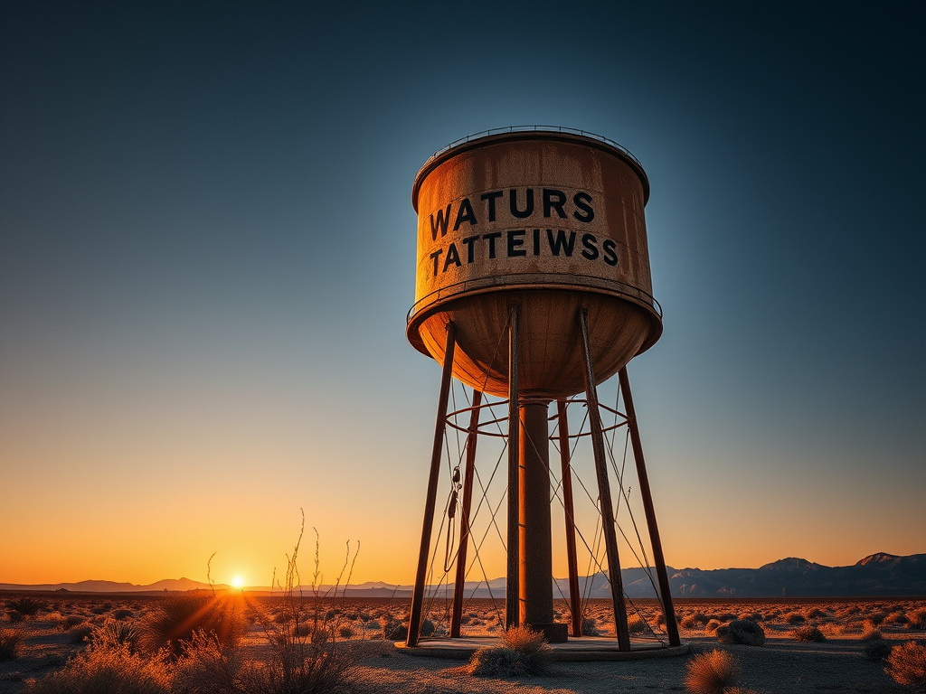Rusted water tower against a desert background