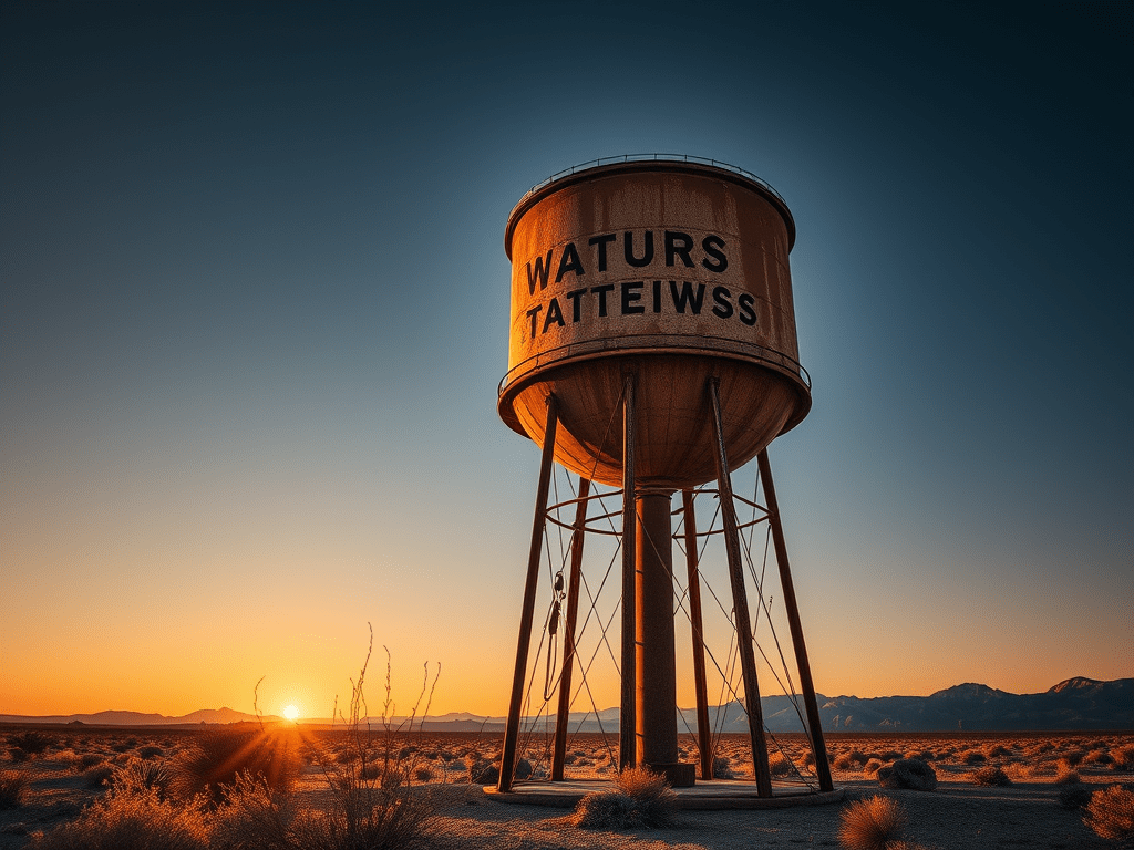 Rusted water tower against a desert background