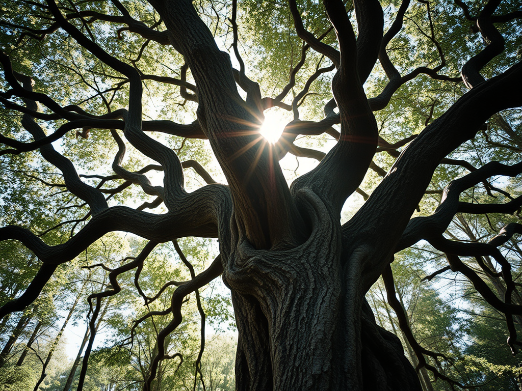 A gnarled hazel tree underneath a bright sun
