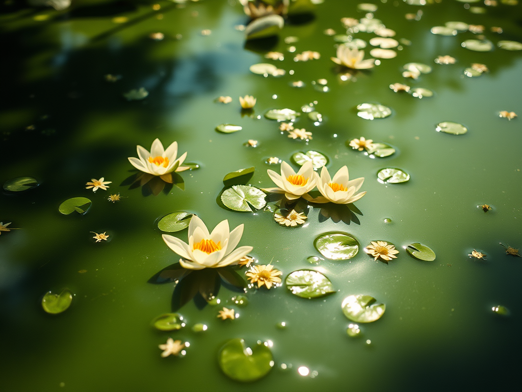 A green pond with lilies on top
