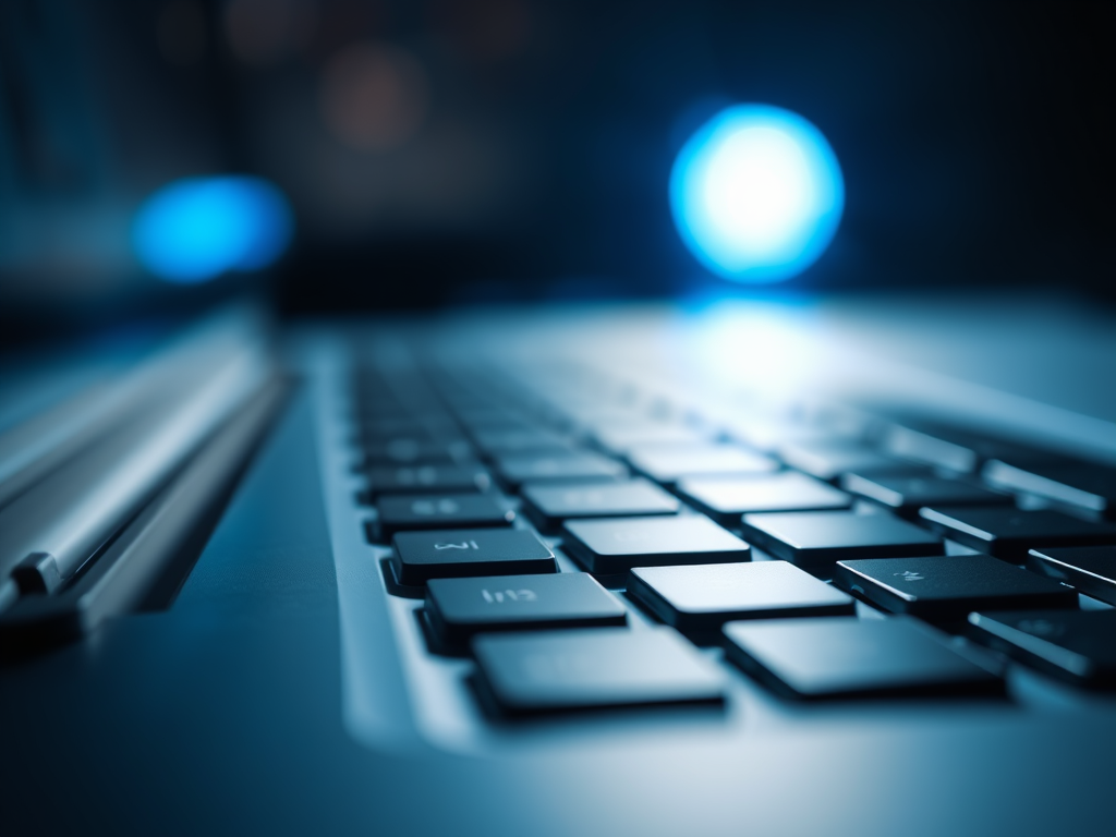 A laptop keyboard bathed in blue light