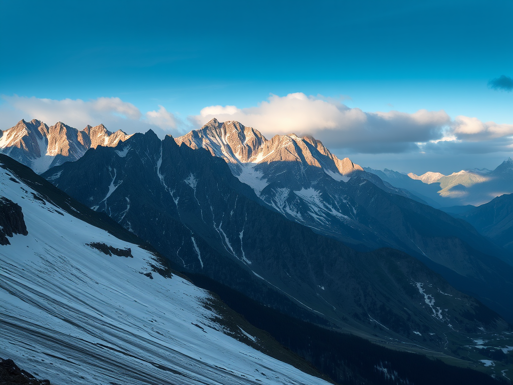 A mountain scene with traces of snow left under the sun.