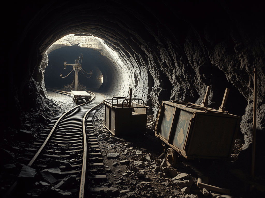 An old low-ceilinged abandoned slate mine with broken and rusted railway tracks curving around a corner and receding underground into the darkness. There is an impression of decay and abandonment and of industry gone to ruin. There are piles of broken slate on the floor and an upturned mine cart.