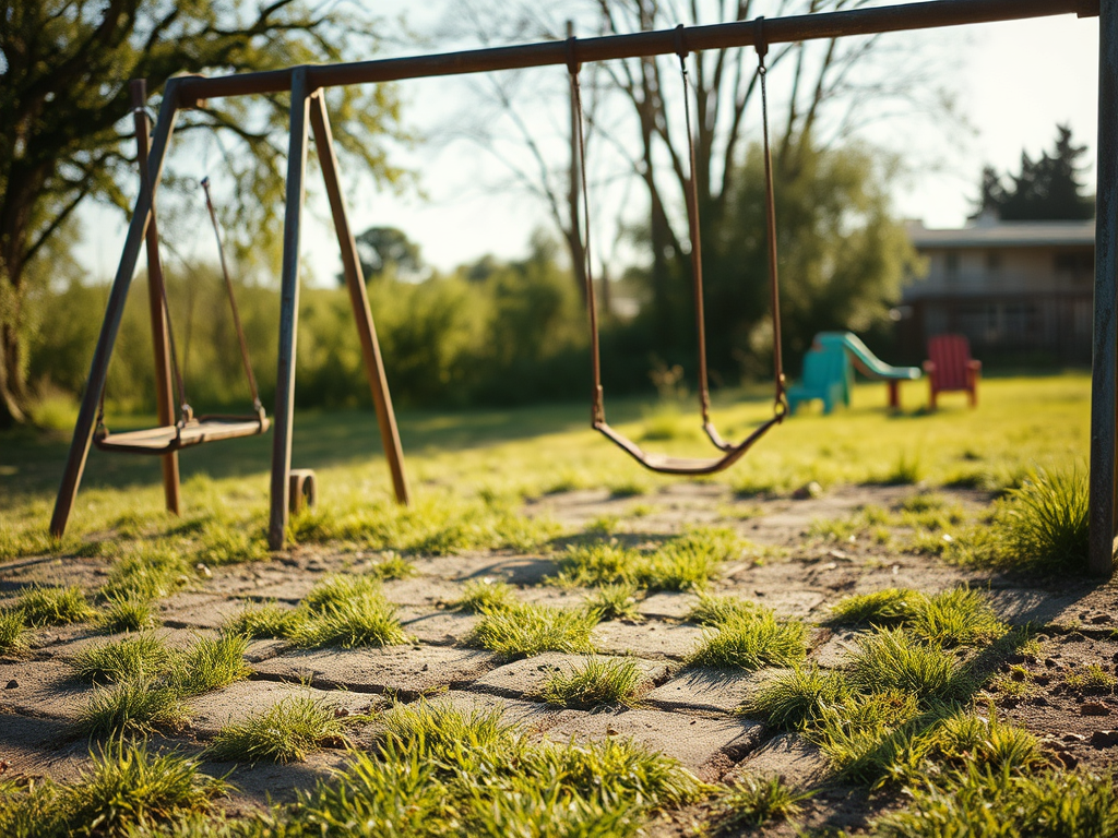A children's play park with a faded hopscotch and rust-stilled swings underneath a summer sun. There is an air of neglect and abandonment about the playpark