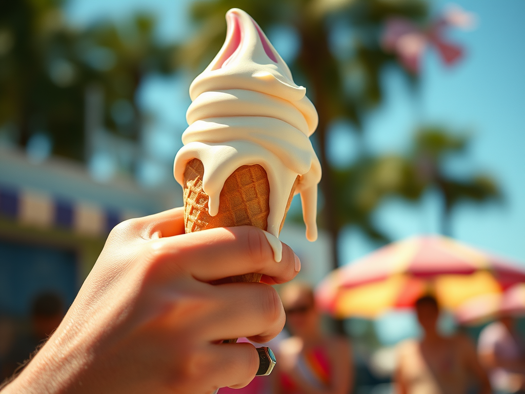 A hand holding an ice-cream, with the ice-cream melting and running down the fingers
