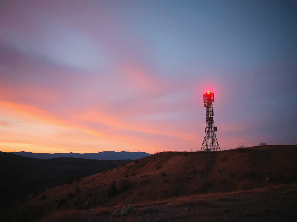 A lonely radio tower with a red light on top, nestled amongst barren, lonely hills. The time of day is early evening.