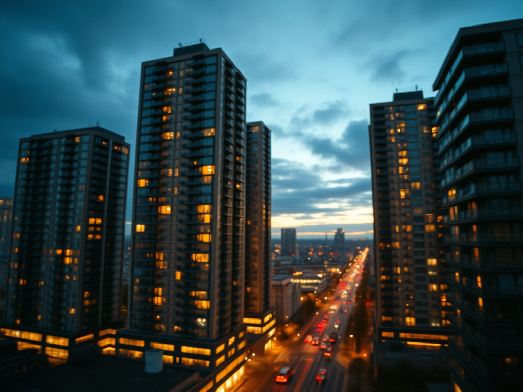 A wide shot of three high-rises in the east end of Glasgow. It is the gloaming, and some of the flats' lights are on. Underneath the flats, a blurred representation of city life is seen.