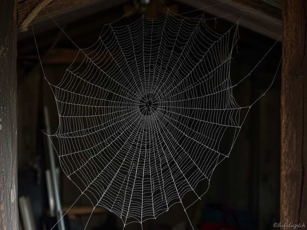 An ancient, thick cobweb in the corner of a small garden shed, more linen than thread. The cobweb is so thickset that it is more of a mesh than a web. The shed is disused and messy, whilst the cobweb looks thick and as though it has been there for years.