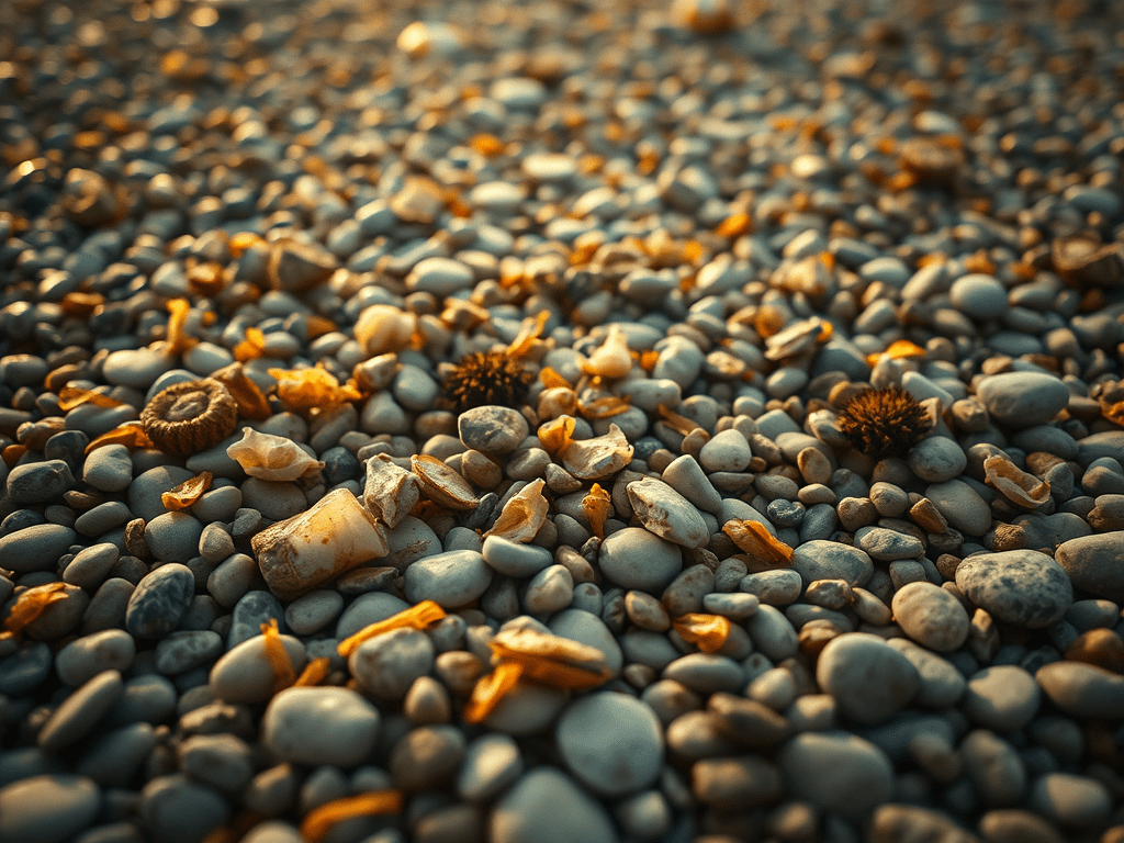 An array of flotsam deposited on a stony beach