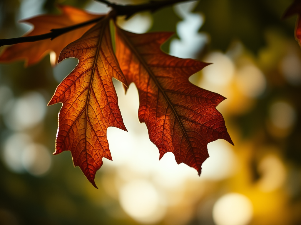 A detailed high-res close-up image of an oak leaf hanging from the branch of a tree. The leaf is beginning to turn brown at the dawn of autumn.
