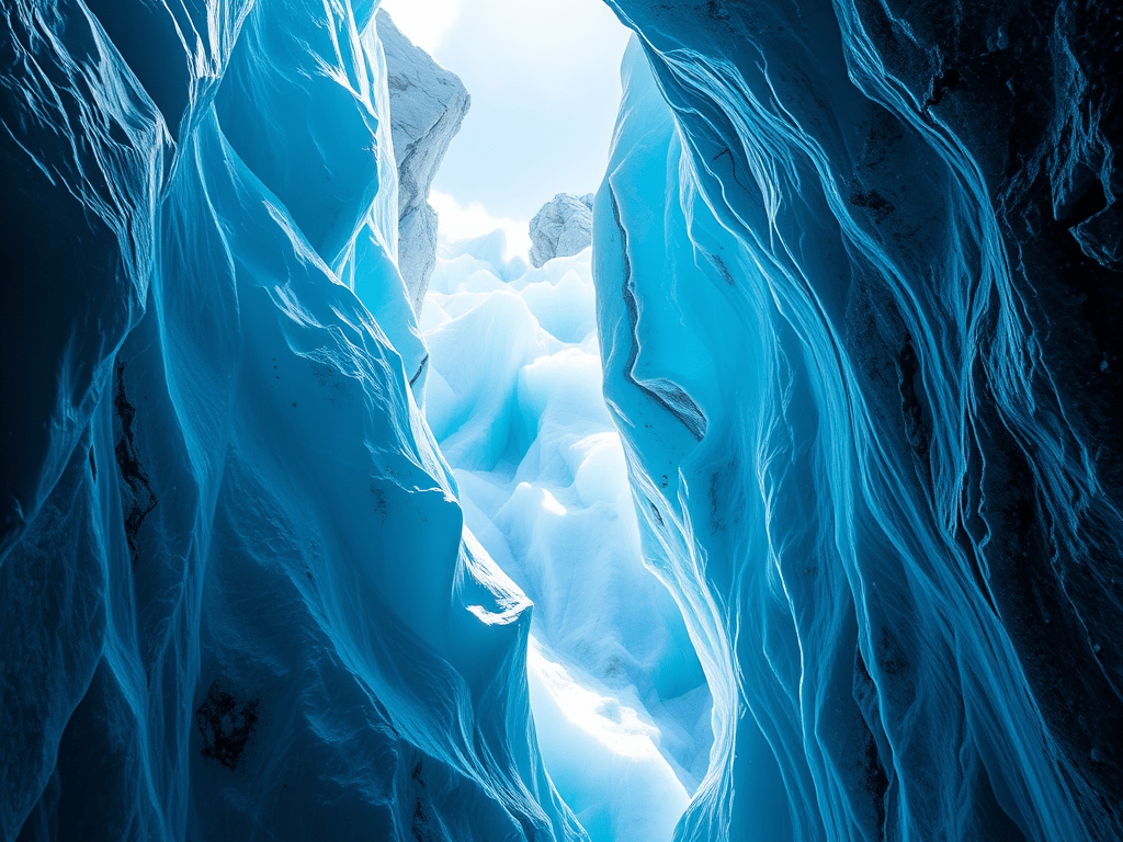 View from the bottom of a crevasse, looking up at a moving icefall coloured blue and grey.