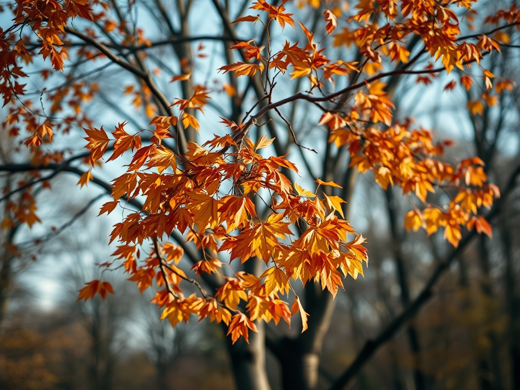 A half-bare acer tree losing its leaves in autumn. In the background are the indistinct shapes of oaks, beeches, and assorted other trees which are further on in losing their leaves than the acer.