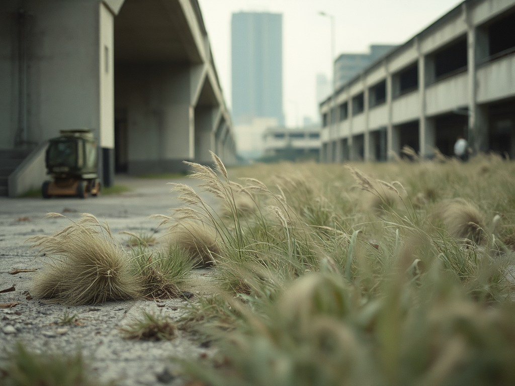 Decaying concrete is crumbled around wind-harried tussocks of grass. There is a sense of urban ennui and degeneration, with an abandoned multi-storey car park in the background.