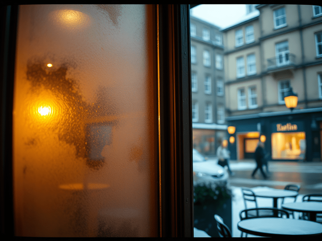 The outside window of a cafe in Edinburgh's grassmarket. It is winter, and the cafe's windows are steamed up from the inside. There is a feeling of cosiness inside the cafe, in contrast with the cold Edinburgh city landscape outside.
