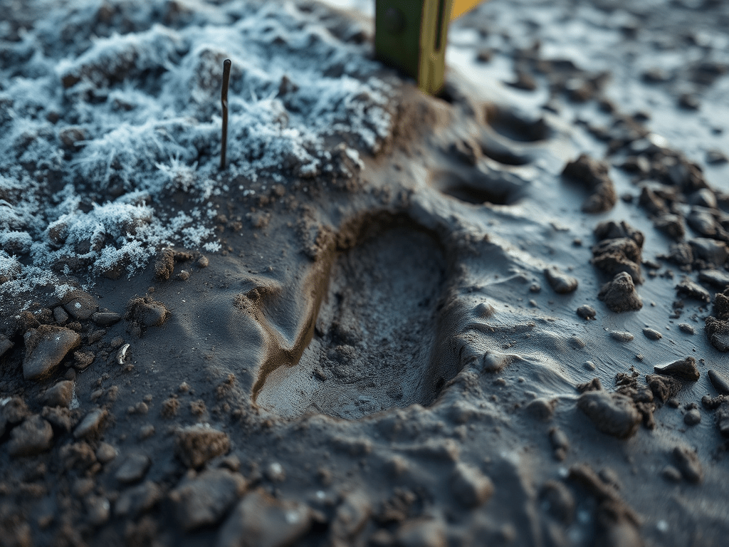 A footprint left behind in thick mud by a country stile. There is a feeling of winter about the picture, and the wellington's impression has been frozen stiff by frost.