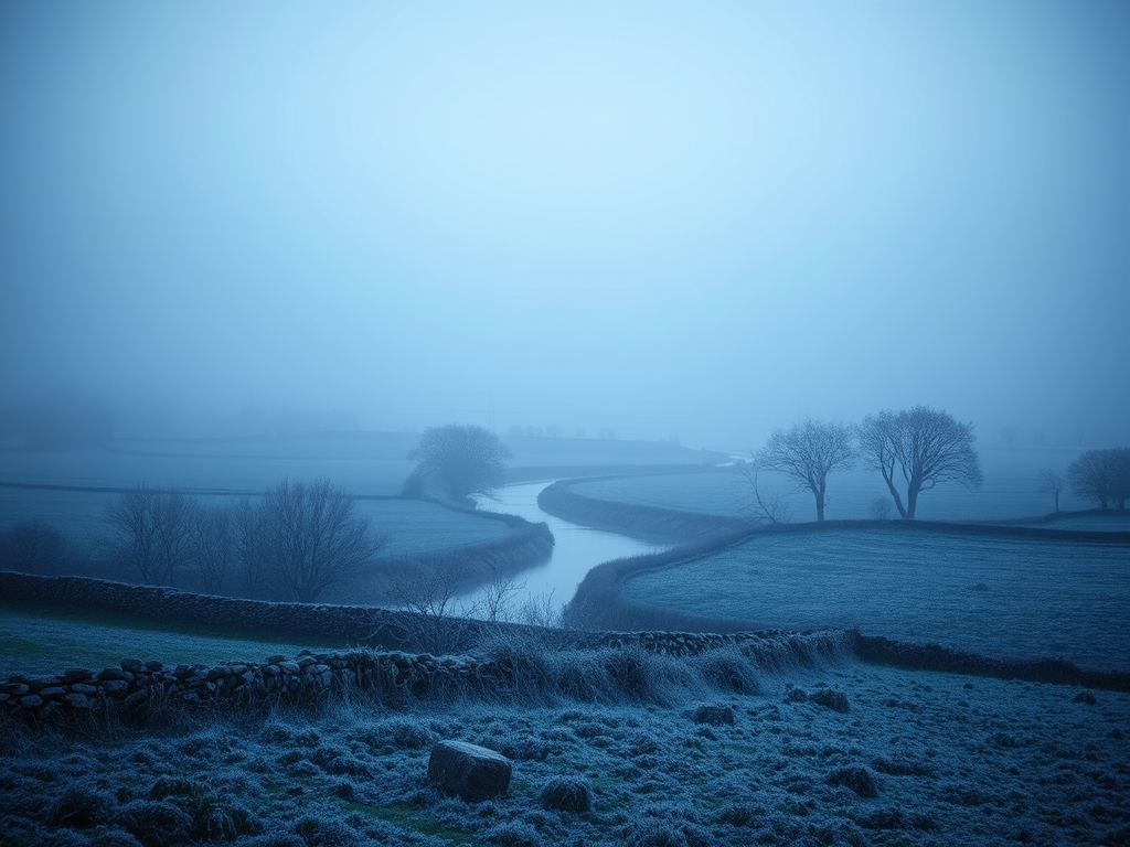 A pale blue dawn light breaking over a wide landscape of fields and rivers and drystone walls. The overhanging trees are bare for winter, whilst the fields themselves are tinged with frost.