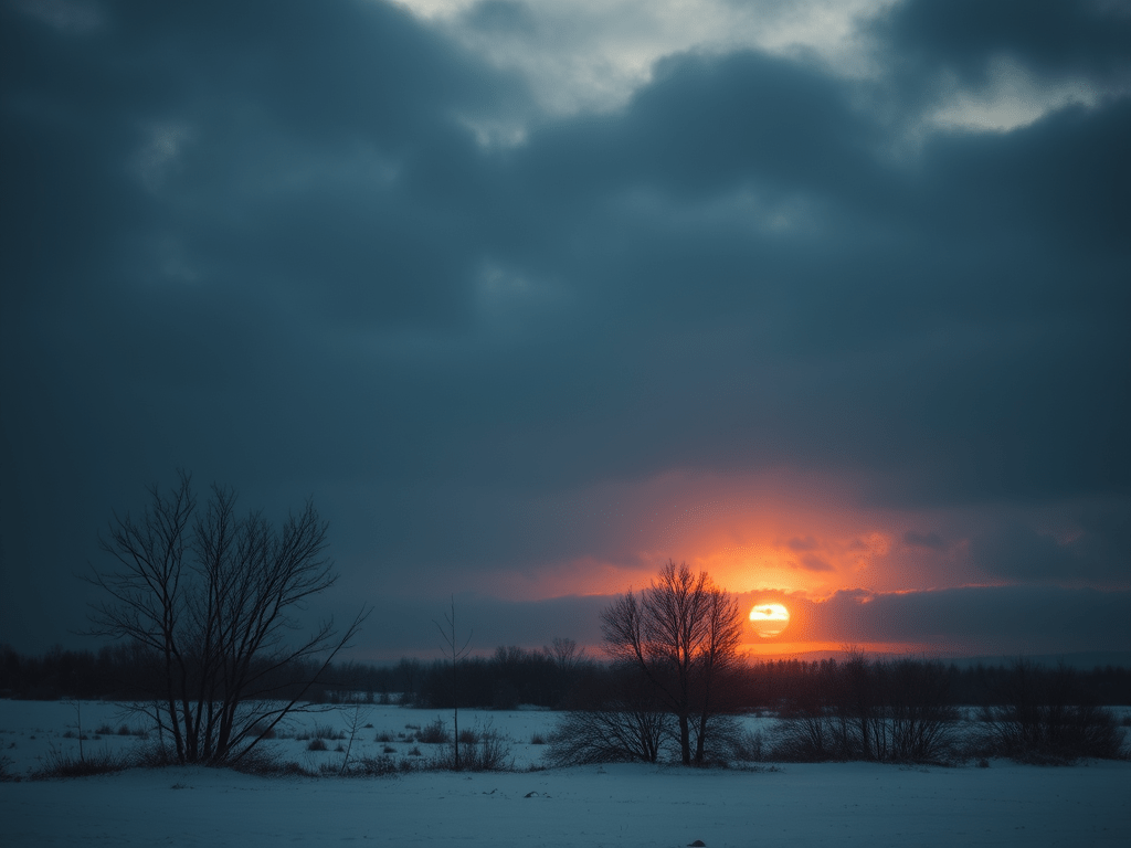 Image of a winter sun dawning dully. The sky is full of greys and dark blues and ochres. It is as though the dawn is struggling to spread light over the sky.