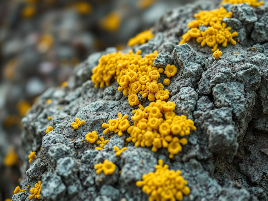 A grey boulder covered in yellowish lichen.