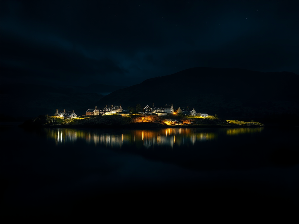 Image of a Scottish village reflected in a dark loch at nighttime