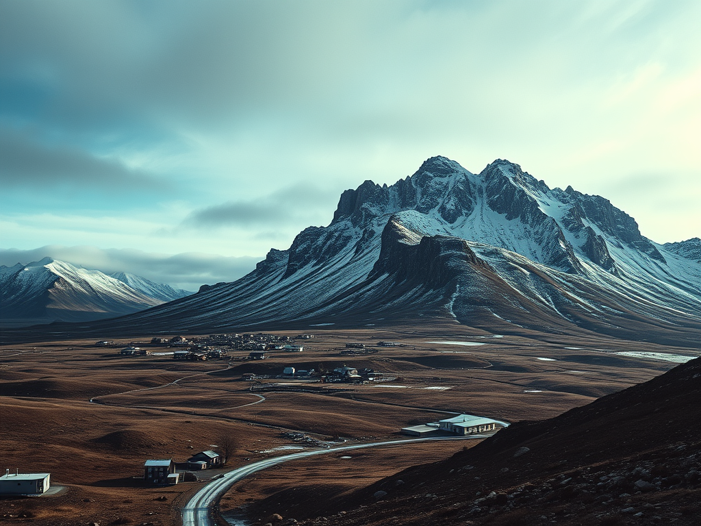 A high resolution, moody image of a barren mountain above a small town. The picture has an air of cold and isolation.