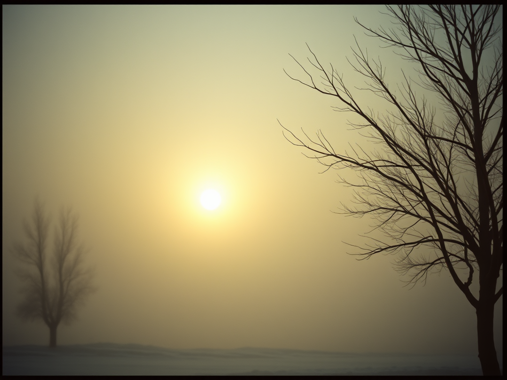 A pale sun shining through fog.