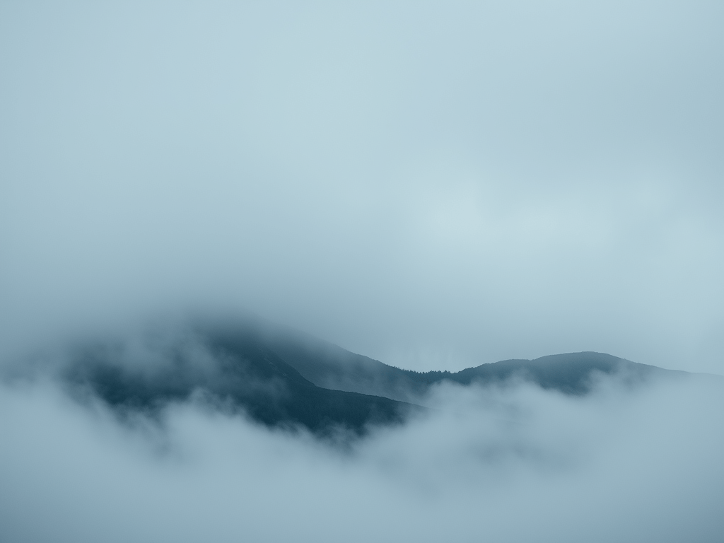 A hill hidden under wreathes of cloud.