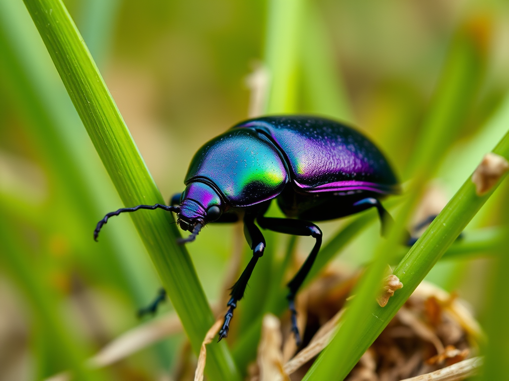 A violet ground beetle with a thorax sheened with tinges of green and purple, set against grass stems.