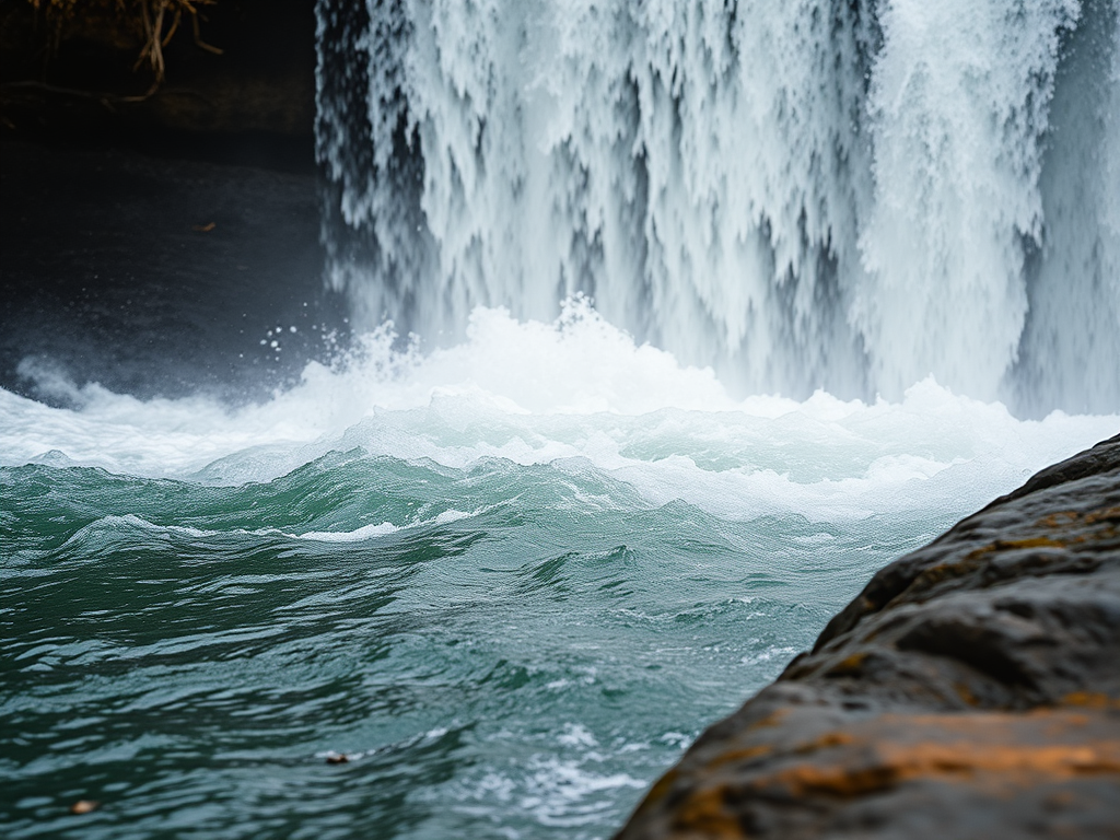 A detailed image of a powerful waterfall crashing onto smooth, eroded rock.