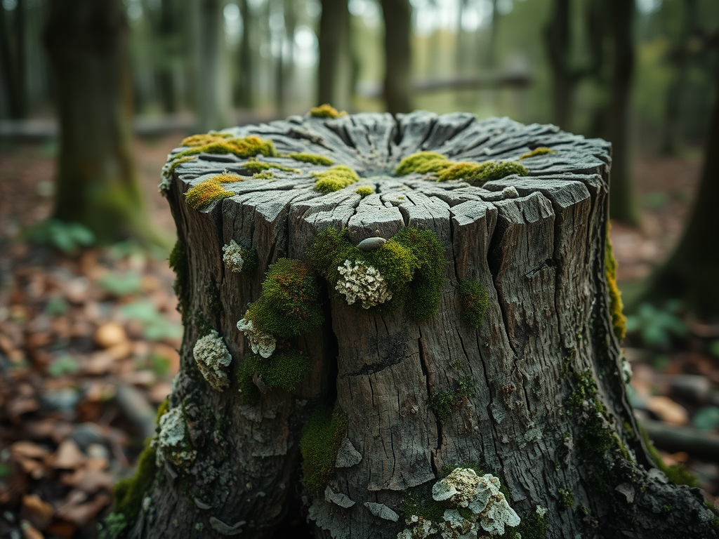A detailed picture of an old tree stump in a temperate forest. The old wood has been overtaken with moss, lichen, and mould.