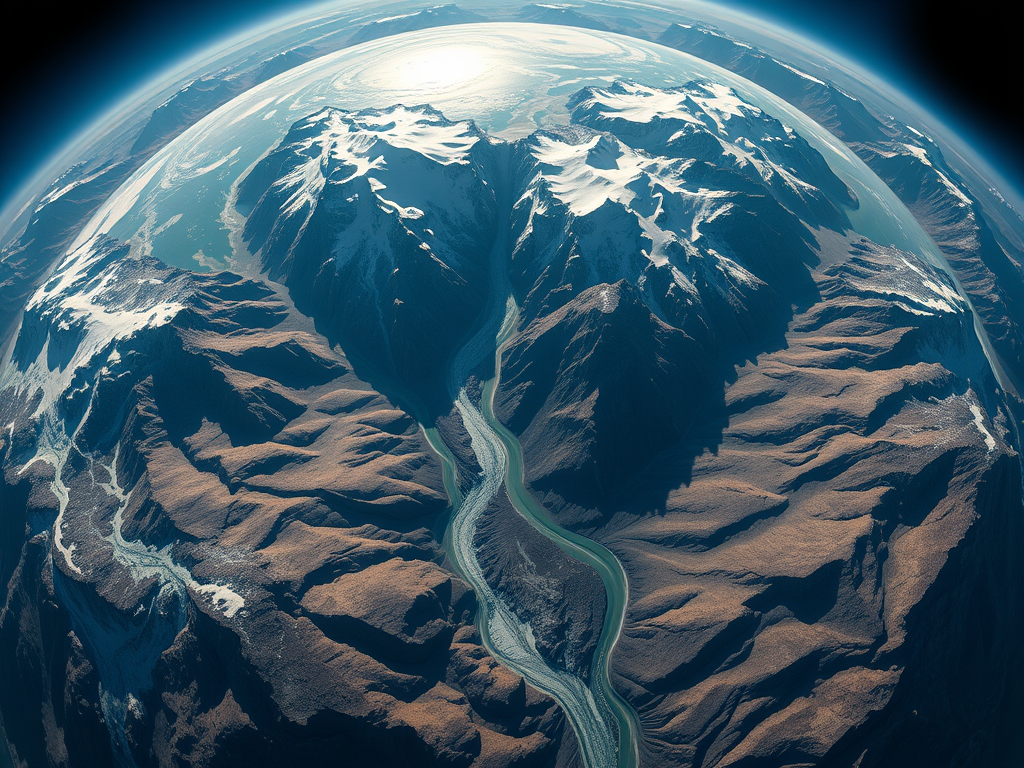 An image from an top-down perspective, detailing the heft of the earth, with mountains and glaciers and rivers.