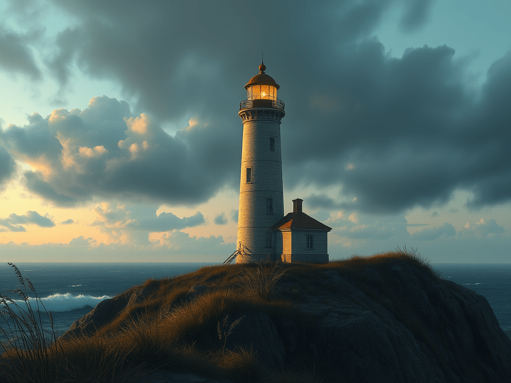 A highly detailed, sharp-focused image featuring a remote lighthouse.