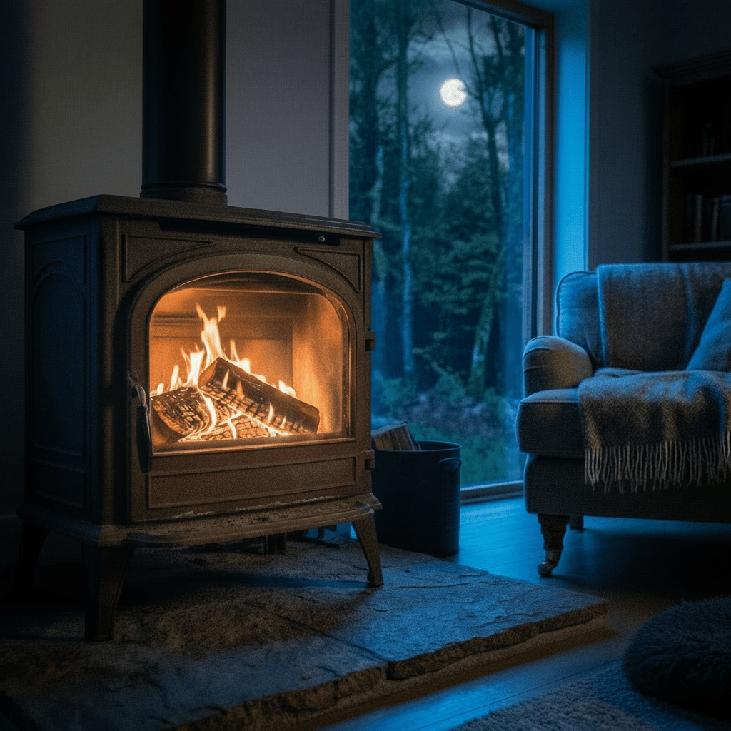 A dog sleeping near a wood-burning stove with blue flames in a moonlit room.