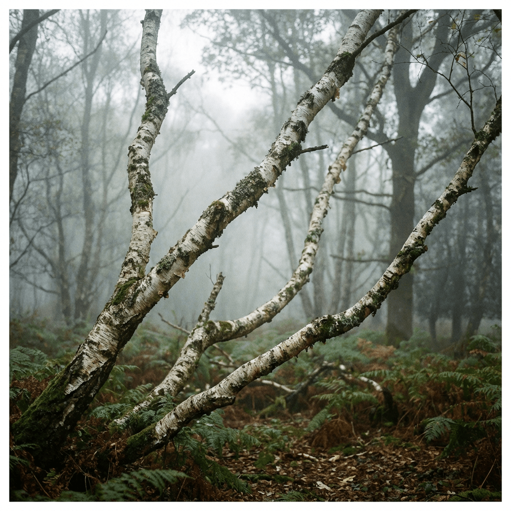 Slender silver birch trees with white bark leaning in a misty, fern-covered woodland.