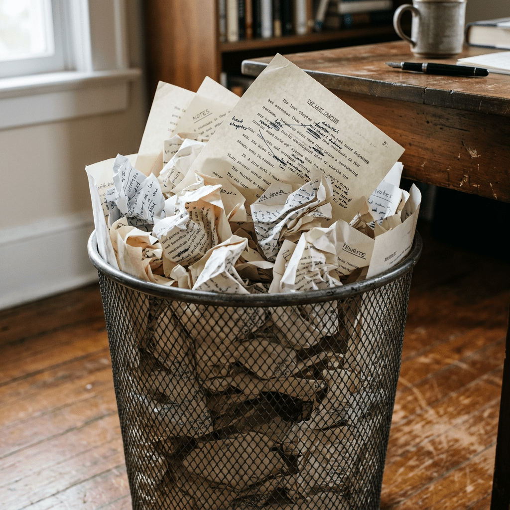 Wastebasket containing crumpled manuscript pages with handwritten edits